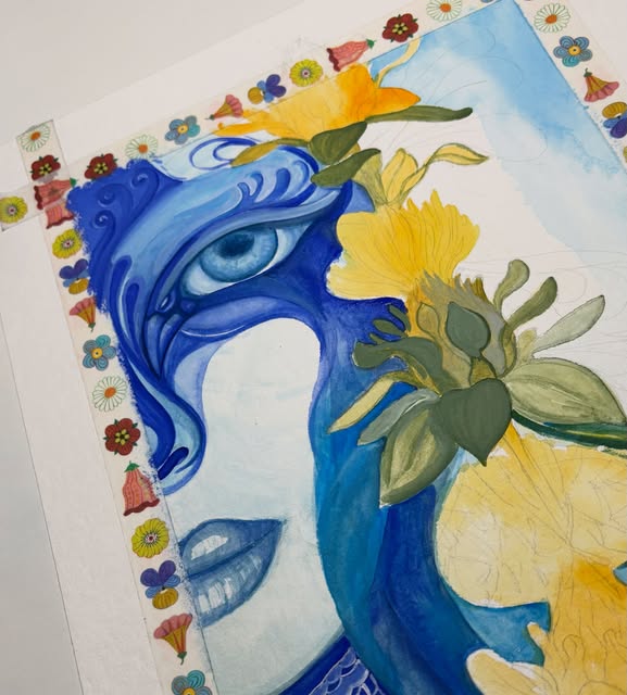 Blue face surrounded by yellow flowers, watercolor