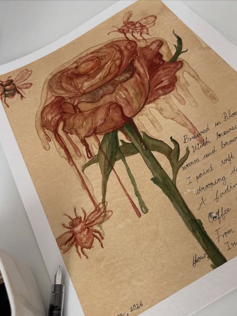 Rose with bees painted in coffee and ink