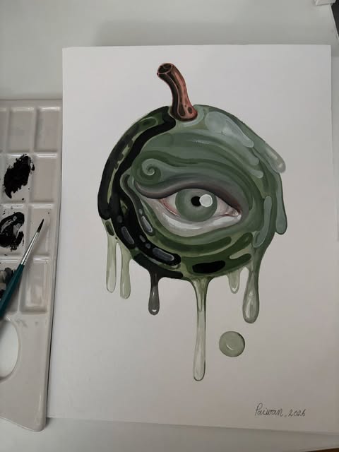Surreal green apple with an eye, dripping, gouache