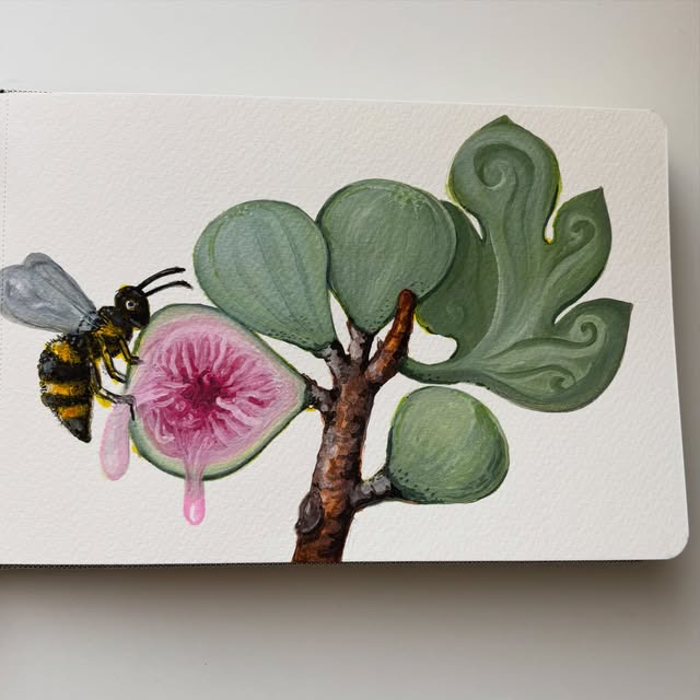 Fig branch with a bee, gouache in a sketchbook