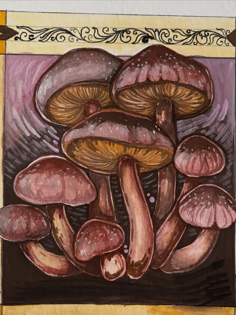 Mushroom painting in ink and watercolor