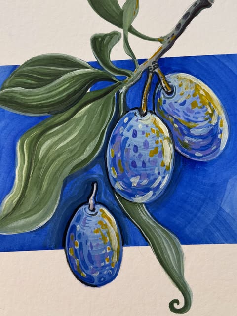Blue plums on a cobalt band, gouache